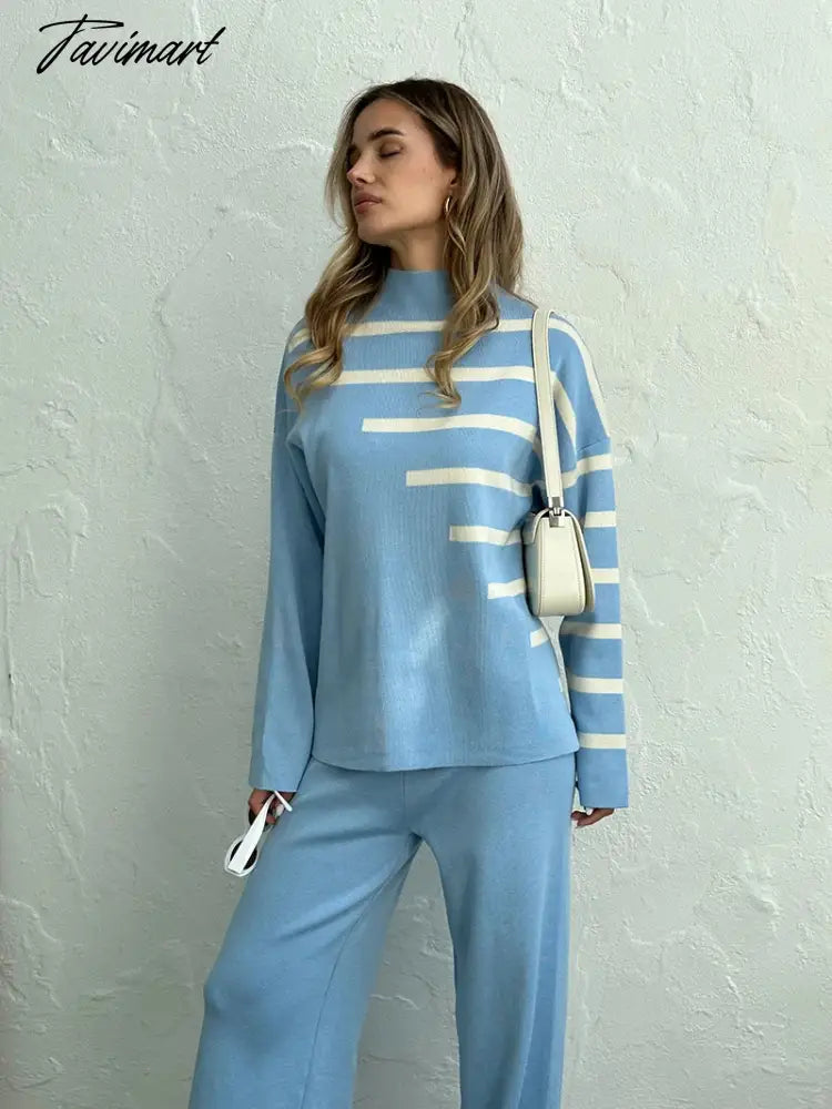 Knitted Two Piece Women Sets Long Sleeve Loungewear Knit Tracksuit Women Two Piece Set White Striped 2 Piece Set Women Outfit