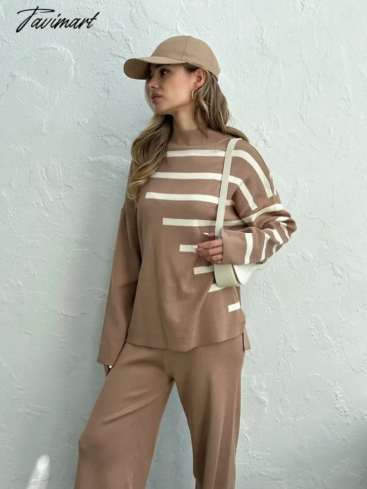 Knitted Two Piece Women Sets Long Sleeve Loungewear Knit Tracksuit Women Two Piece Set White Striped 2 Piece Set Women Outfit