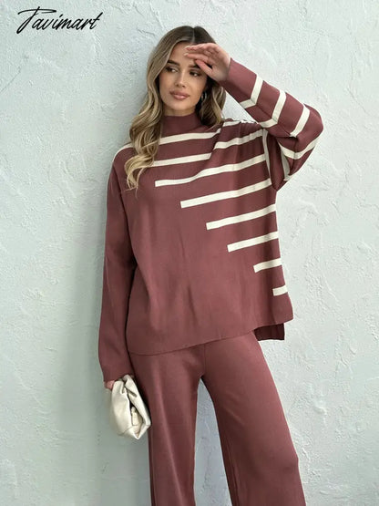 Knitted Two Piece Women Sets Long Sleeve Loungewear Knit Tracksuit Women Two Piece Set White Striped 2 Piece Set Women Outfit