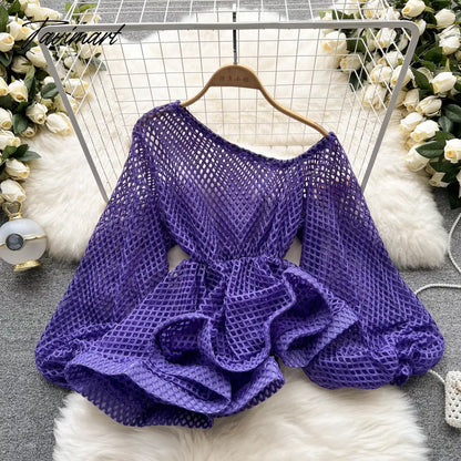 Korean Chic Elegant Lace Sweet Women Blouses Vintage O Neck Long Sleeve Perspective Female Shirts OL Blusas Mujer