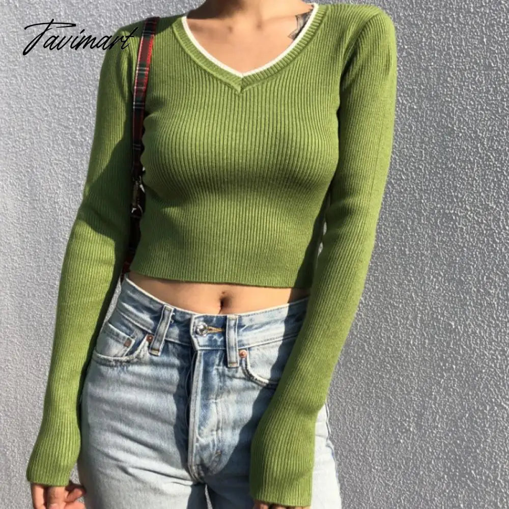 Korean fashion cropped sweater vintage clothes v neck sweater long sleeve crop top knitted vintage sweaters for women fashion