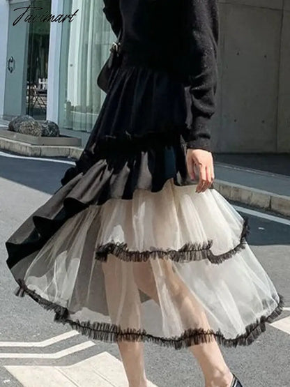 Korean Mesh Skirts Women Fashion Ruffle Panels A-line Skirts Summer Casual Irregular Patchwork Skirts Lady Elegant Loose Skirts
