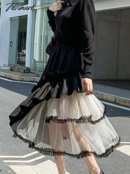 Korean Mesh Skirts Women Fashion Ruffle Panels A-line Skirts Summer Casual Irregular Patchwork Skirts Lady Elegant Loose Skirts