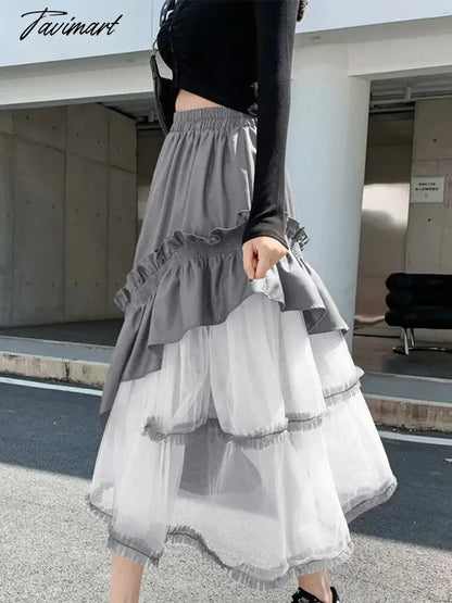 Korean Mesh Skirts Women Fashion Ruffle Panels A-line Skirts Summer Casual Irregular Patchwork Skirts Lady Elegant Loose Skirts
