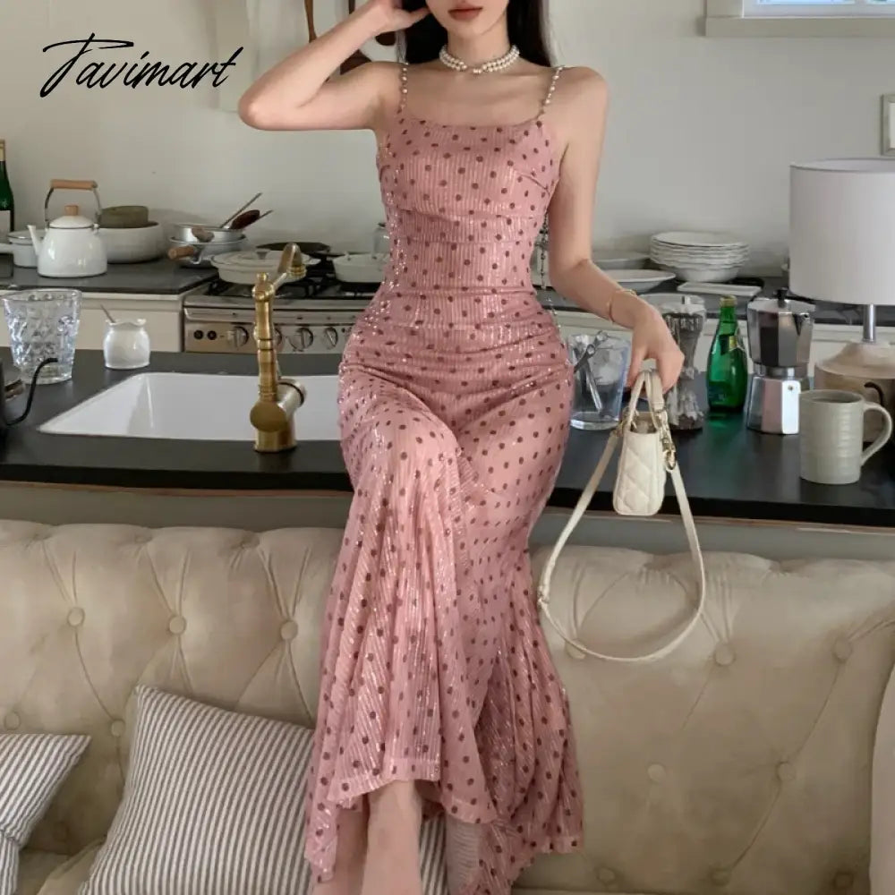 Korean Polka Dot Printed Pink Chain Sling Dress Women 2024 Spring New Streetwear Off-shoulder Sexy Slim Elegant A-line Dress