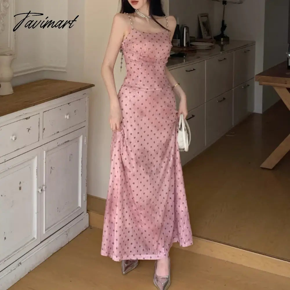 Korean Polka Dot Printed Pink Chain Sling Dress Women 2024 Spring New Streetwear Off-shoulder Sexy Slim Elegant A-line Dress