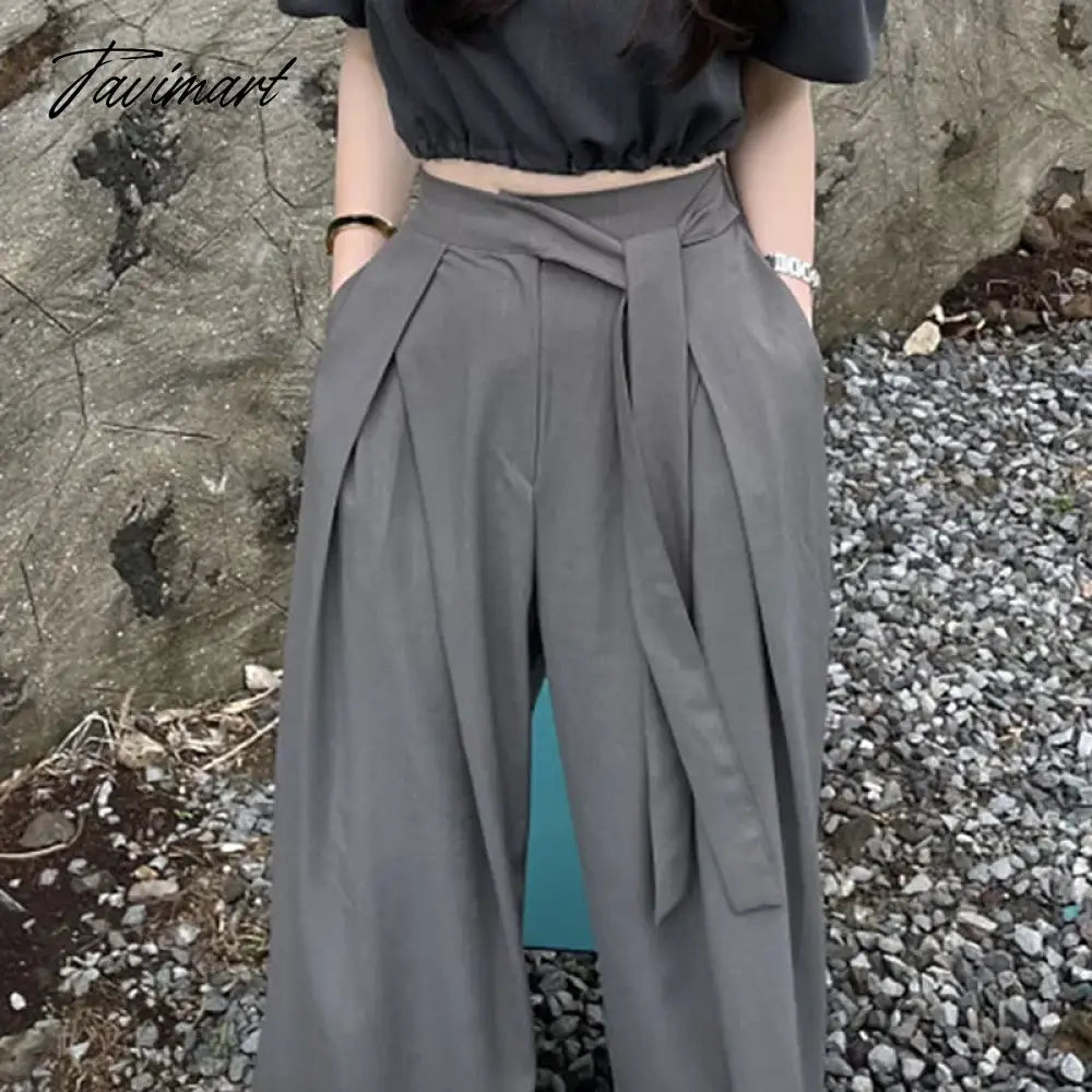 Korean Retro Lace-up Pleated Loose Casual Pants Women Summer New High Waist Solid Color All-match Wide Leg Pants