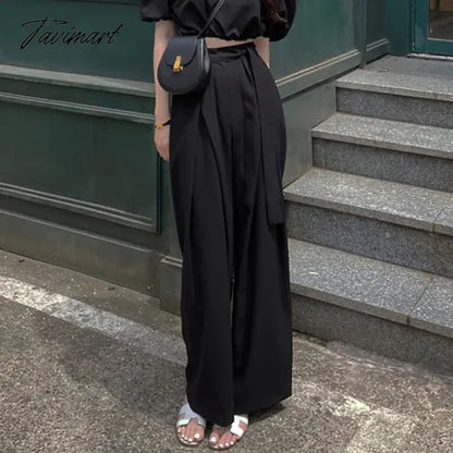 Korean Retro Lace-up Pleated Loose Casual Pants Women Summer New High Waist Solid Color All-match Wide Leg Pants