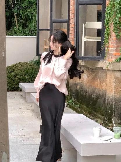 Korean Satin Long Sleeve Bow Top Skirts 2 Piece Set for Women New Autumn Fashion Elegant Evening Party Female Clothes Suits