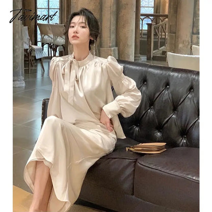 Korean Satin Long Sleeve Bow Top Skirts 2 Piece Set for Women New Autumn Fashion Elegant Evening Party Female Clothes Suits