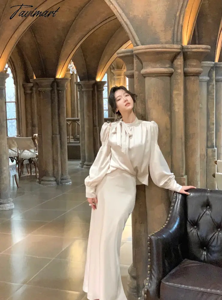 Korean Satin Long Sleeve Bow Top Skirts 2 Piece Set for Women New Autumn Fashion Elegant Evening Party Female Clothes Suits