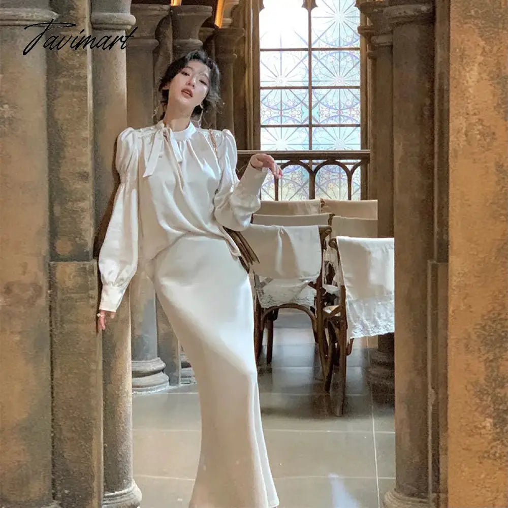 Korean Satin Long Sleeve Bow Top Skirts 2 Piece Set for Women New Autumn Fashion Elegant Evening Party Female Clothes Suits