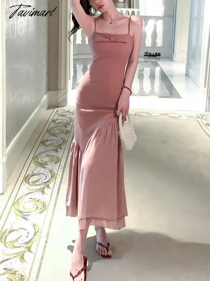 Korean Style Retro Bow Dress Women Summer Slim Fishtail Dress French Elegant Bodycon Slight Strech Long Robe Vestidos