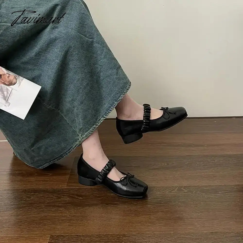 Korean Style Retro Mary Jane Shoes Square Toe Women's Shoes Bowknot PU Ballet Flats Spring/Autumn Flats Women Shoes