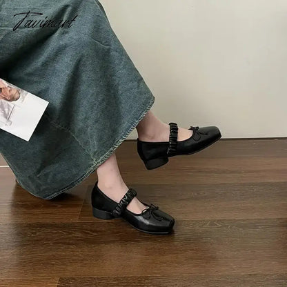 Korean Style Retro Mary Jane Shoes Square Toe Women's Shoes Bowknot PU Ballet Flats Spring/Autumn Flats Women Shoes