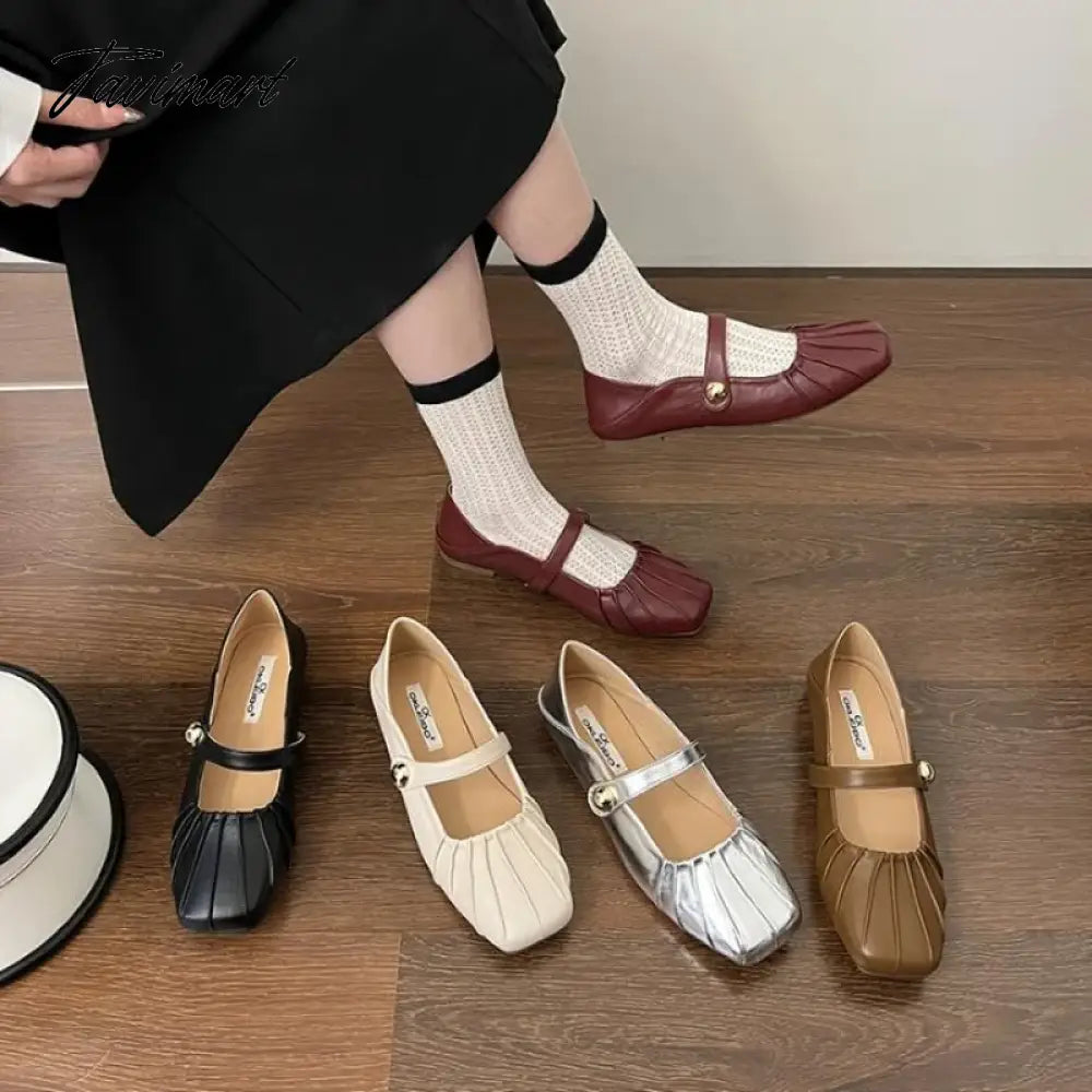 Korean Style Women Flat Women's Square Toe wrinkle Retro Single Shoes Mary Jane Shoes Ballerina Flats Mujer