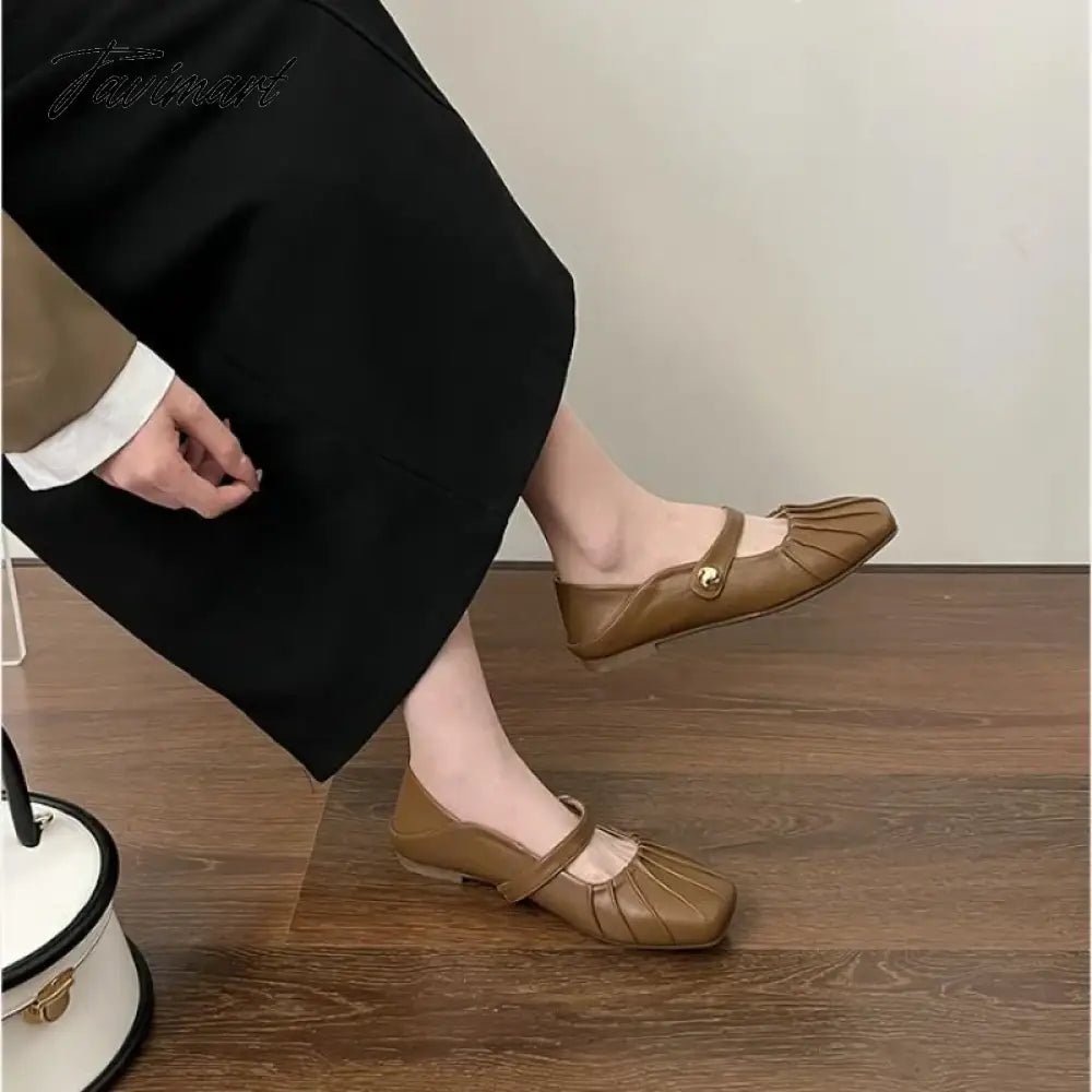 Korean Style Women Flat Women's Square Toe wrinkle Retro Single Shoes Mary Jane Shoes Ballerina Flats Mujer