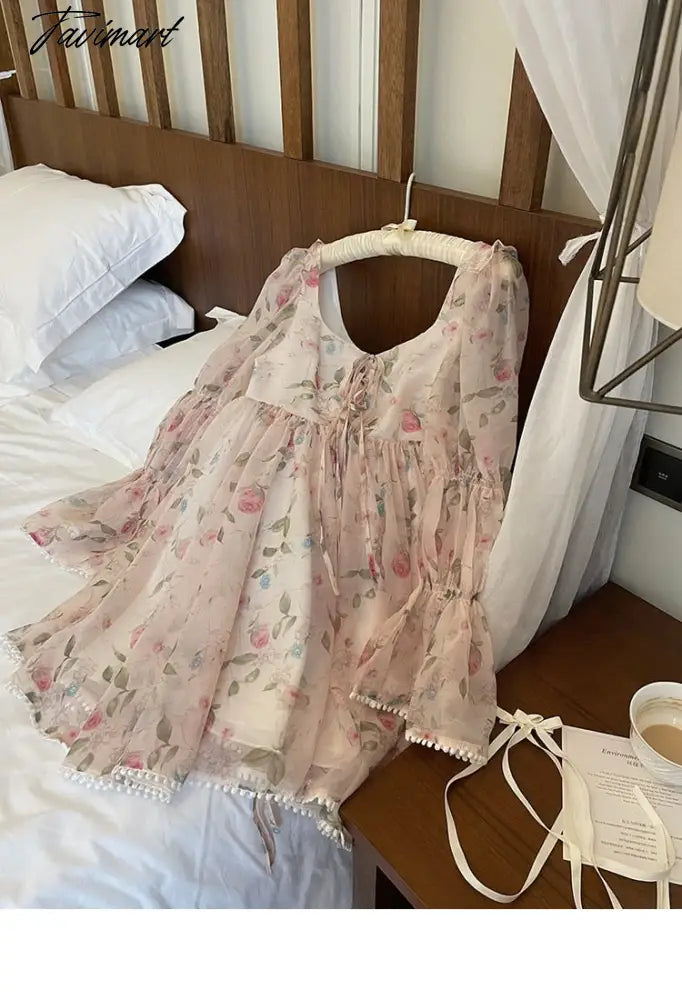 Korean Sweet Floral Princess Mini Party Dress Women Casual Long Sleeve Beach Y2k One Piece Dress Summer Fashion Clothing