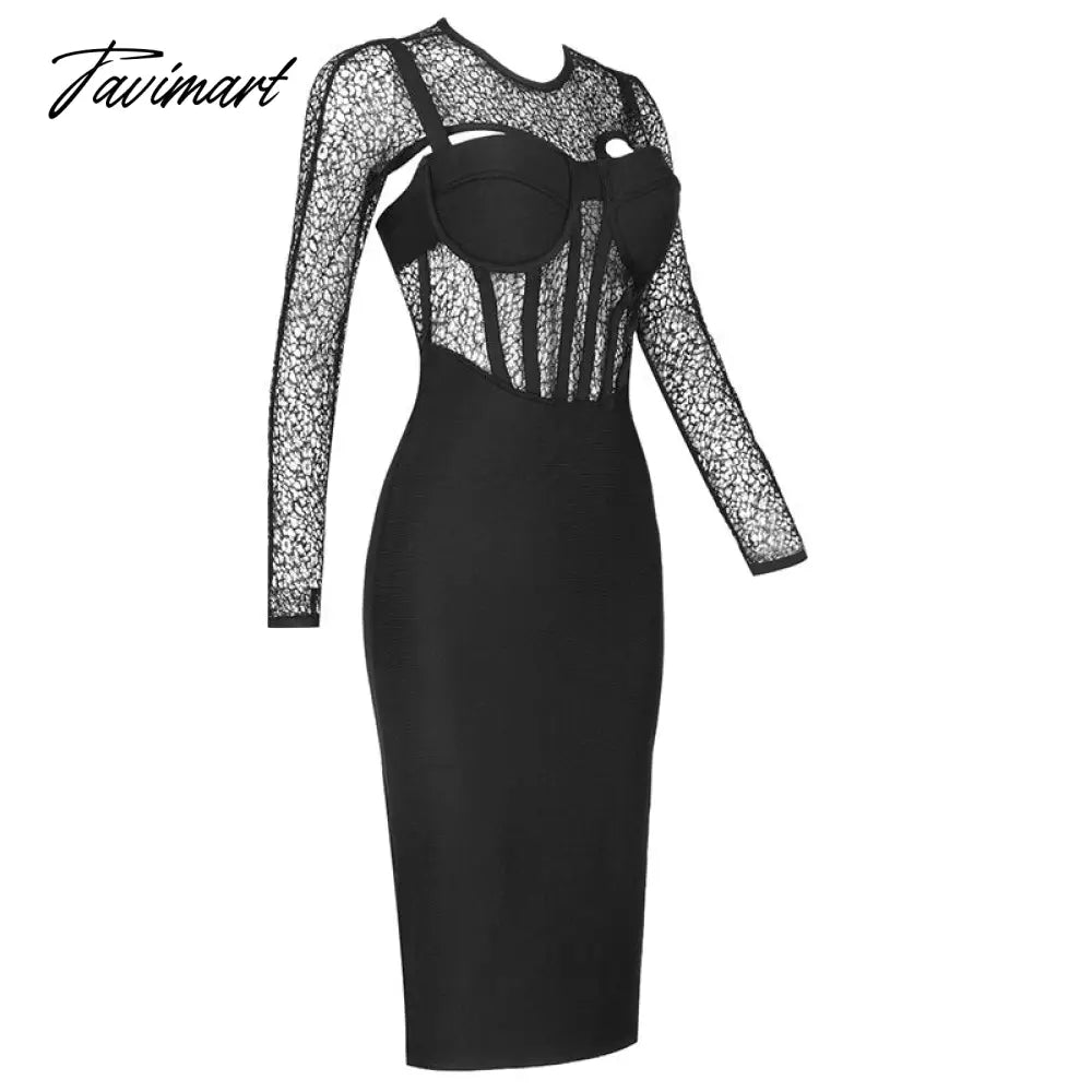 Lace Bandage Dress Long Sleeve O Neck Women Dress Ladies Clothing New Party Club Elegant Celebrity Vestidos