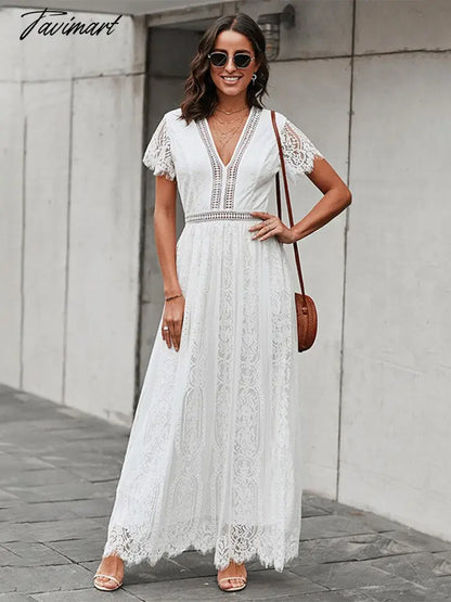 Lace Floral Maxi Dress Women V Neck Elegant Party Dress Summer Short Sleeve White Fashion Long Dress Female Hollow Out Dress