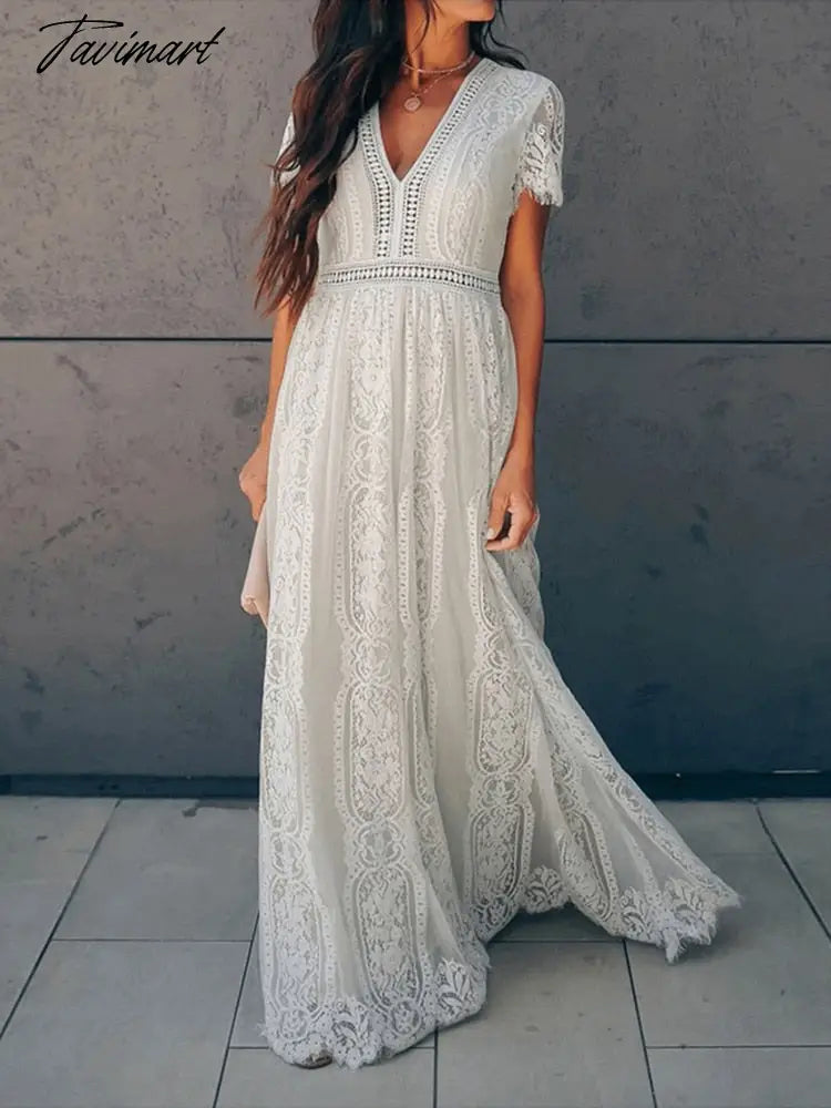 Lace Floral Maxi Dress Women V Neck Elegant Party Dress Summer Short Sleeve White Fashion Long Dress Female Hollow Out Dress