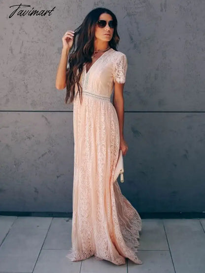 Lace Floral Maxi Dress Women V Neck Elegant Party Dress Summer Short Sleeve White Fashion Long Dress Female Hollow Out Dress