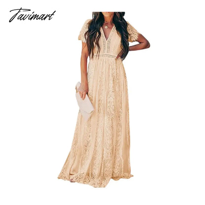 Lace Floral Maxi Dress Women V Neck Elegant Party Dress Summer Short Sleeve White Fashion Long Dress Female Hollow Out Dress