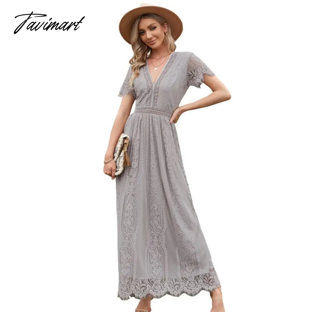 Lace Floral Maxi Dress Women V Neck Elegant Party Dress Summer Short Sleeve White Fashion Long Dress Female Hollow Out Dress
