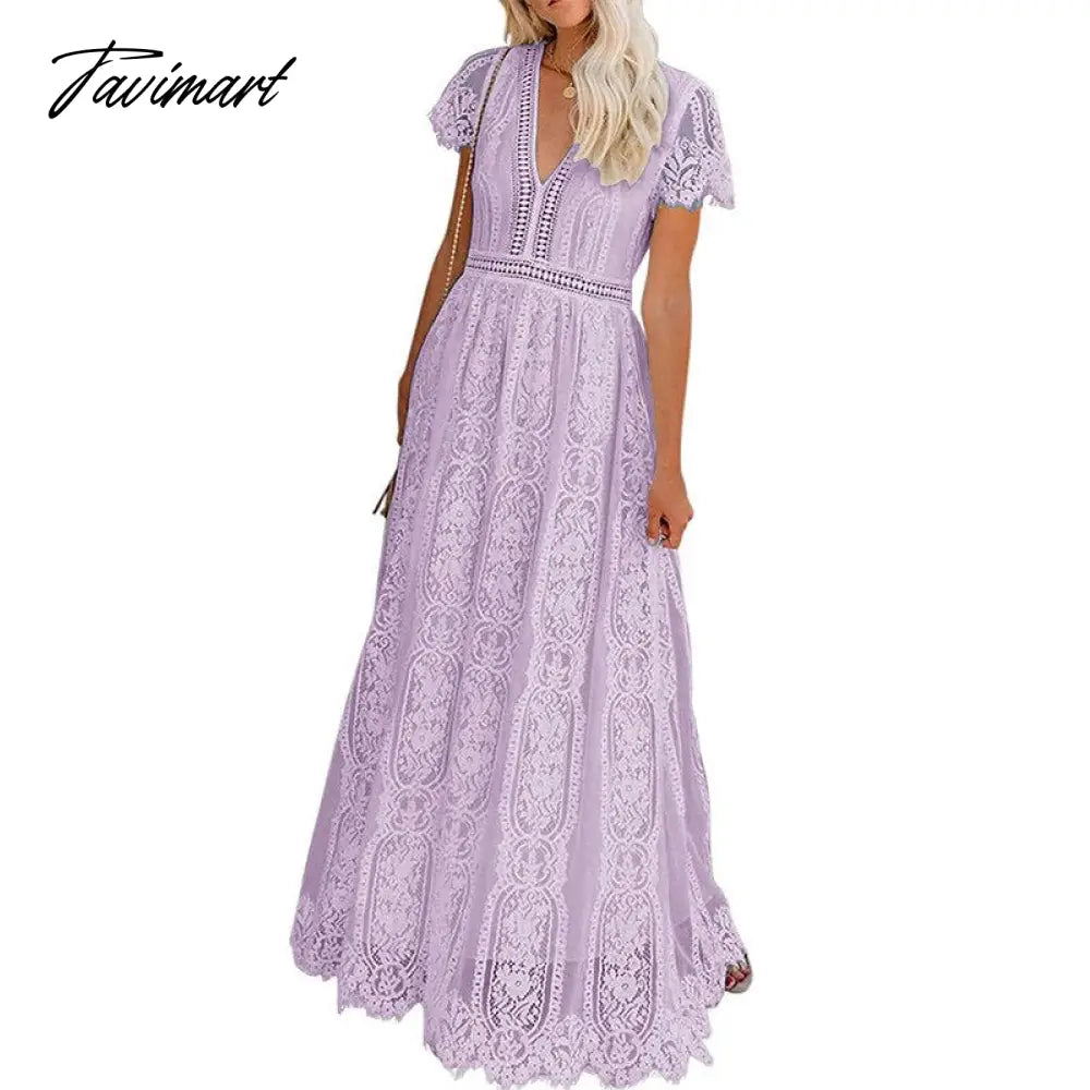 Lace Floral Maxi Dress Women V Neck Elegant Party Dress Summer Short Sleeve White Fashion Long Dress Female Hollow Out Dress