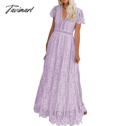 Lace Floral Maxi Dress Women V Neck Elegant Party Dress Summer Short Sleeve White Fashion Long Dress Female Hollow Out Dress
