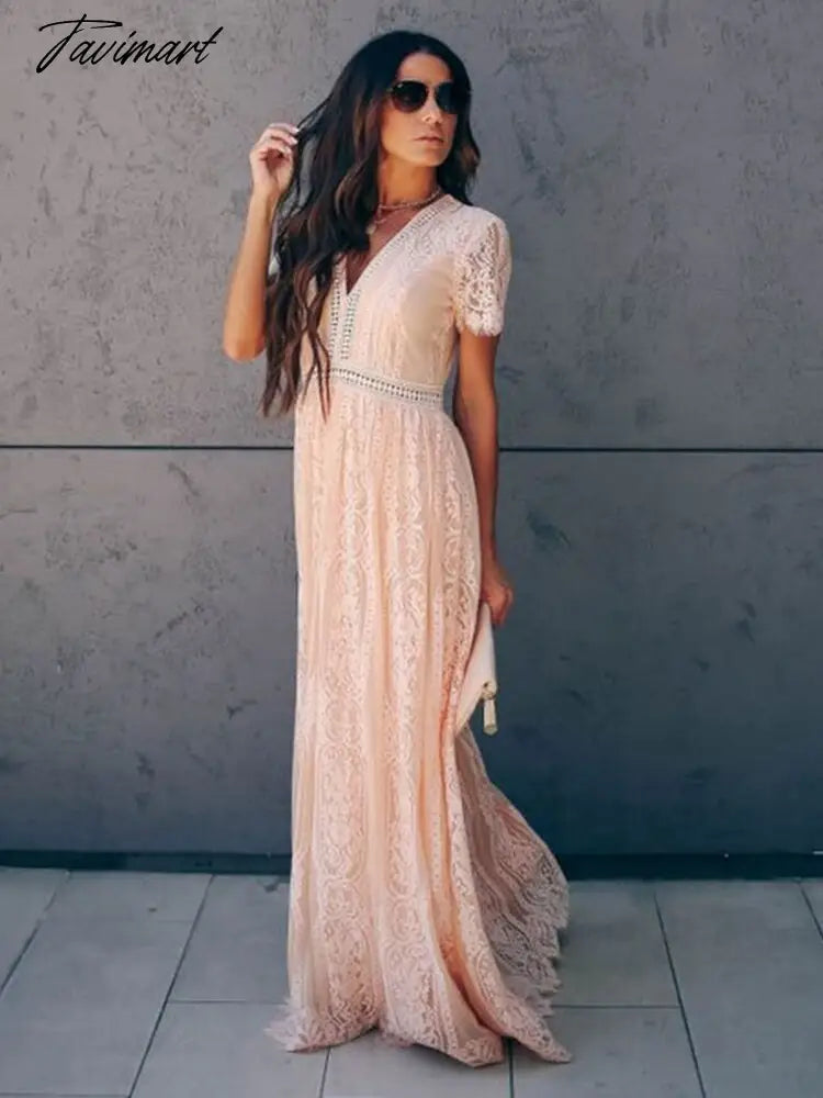 Lace Floral Maxi Dress Women V Neck Elegant Party Dress Summer Short Sleeve White Fashion Long Dress Female Hollow Out Dress