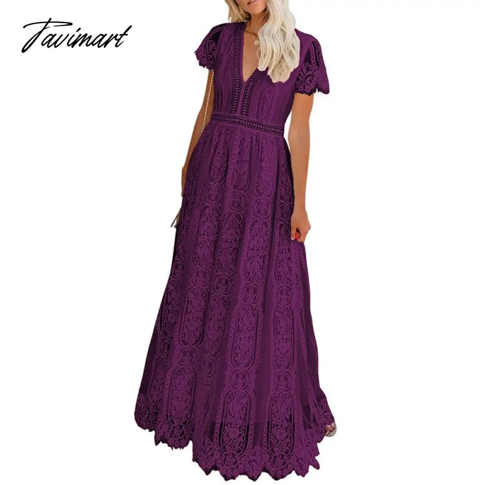 Lace Floral Maxi Dress Women V Neck Elegant Party Dress Summer Short Sleeve White Fashion Long Dress Female Hollow Out Dress