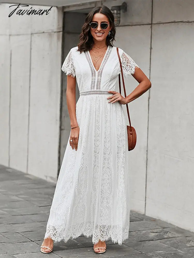 Lace Floral Maxi Dress Women V Neck Elegant Party Dress Summer Short Sleeve White Fashion Long Dress Female Hollow Out Dress