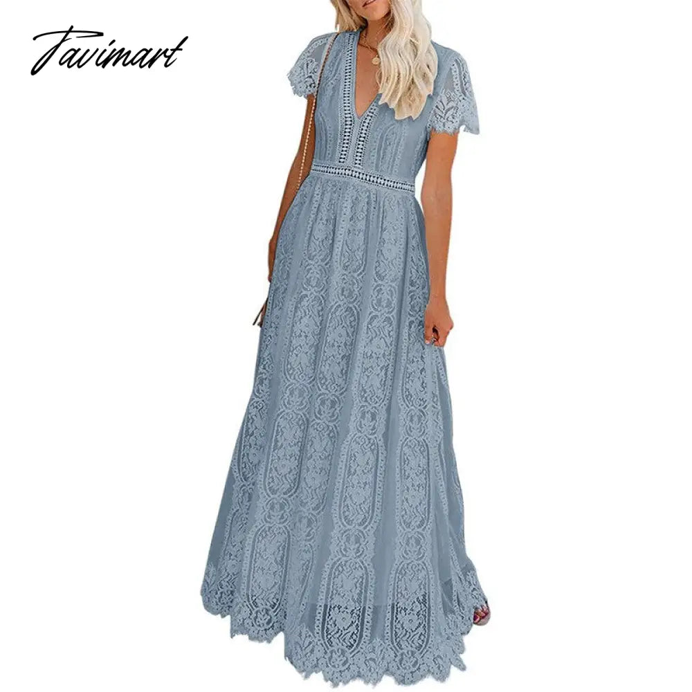 Lace Floral Maxi Dress Women V Neck Elegant Party Dress Summer Short Sleeve White Fashion Long Dress Female Hollow Out Dress