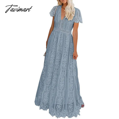 Lace Floral Maxi Dress Women V Neck Elegant Party Dress Summer Short Sleeve White Fashion Long Dress Female Hollow Out Dress