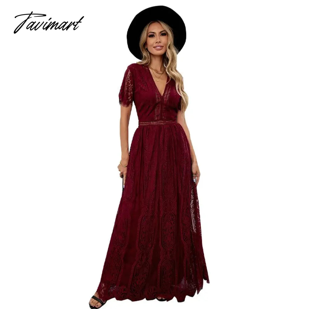 Lace Floral Maxi Dress Women V Neck Elegant Party Dress Summer Short Sleeve White Fashion Long Dress Female Hollow Out Dress