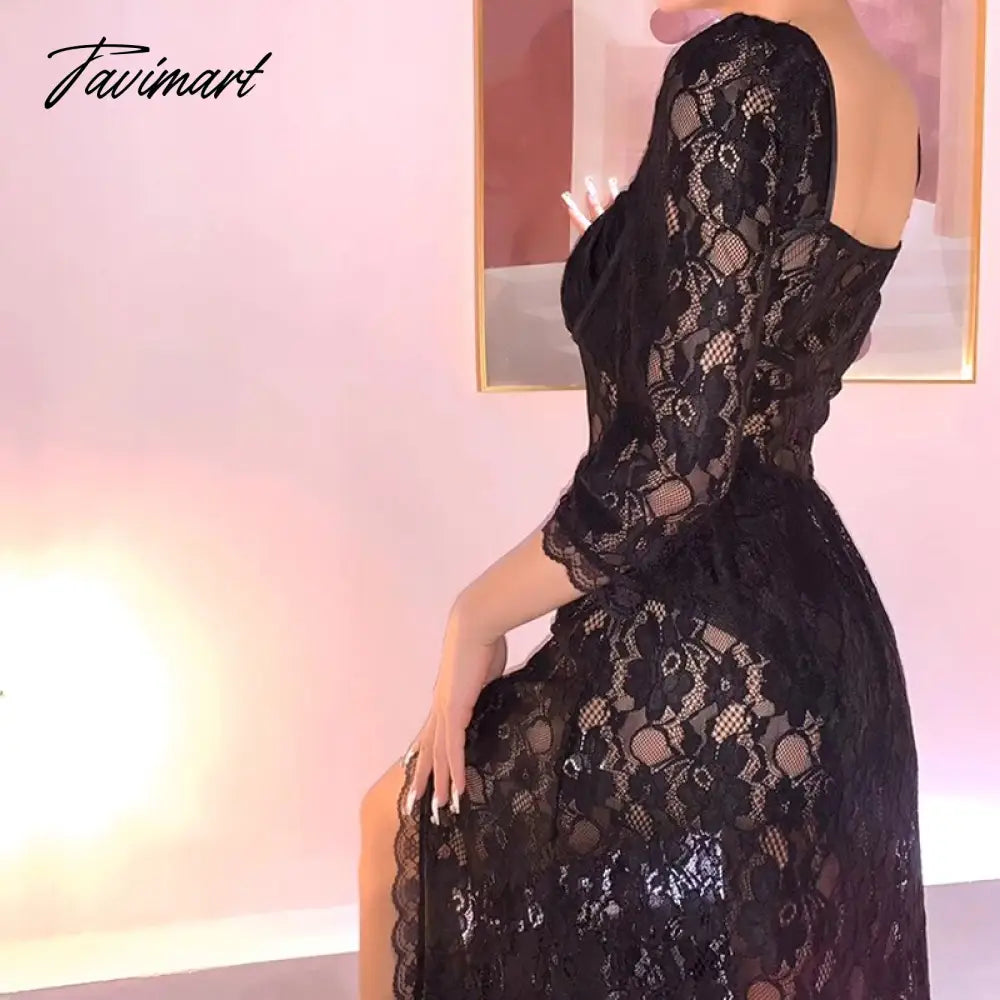 Lace Maxi Dresses for Women Gothic Dress Fashion Party Vacation Beach Sexy Split Long Dress Princess Sleeve Full Dress