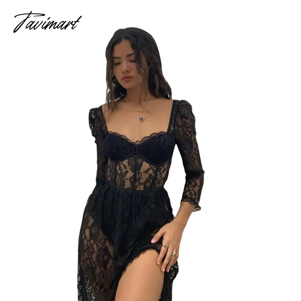 Lace Maxi Dresses for Women Gothic Dress Fashion Party Vacation Beach Sexy Split Long Dress Princess Sleeve Full Dress