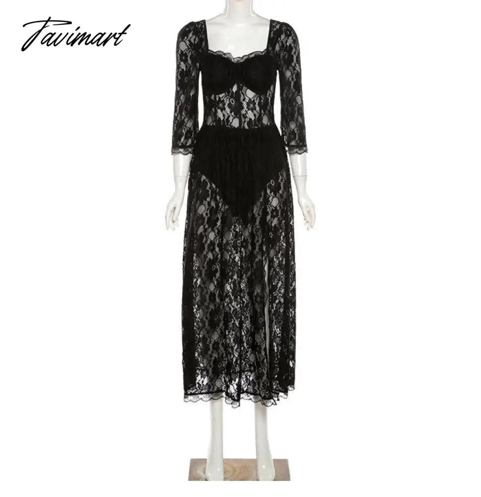 Lace Maxi Dresses for Women Gothic Dress Fashion Party Vacation Beach Sexy Split Long Dress Princess Sleeve Full Dress