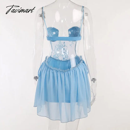 Lace Mesh Chest Cup Sling Dress For Women Summer Backless Chiffon Sexy Mini Dress Ladies Beach Party Boho Dresses