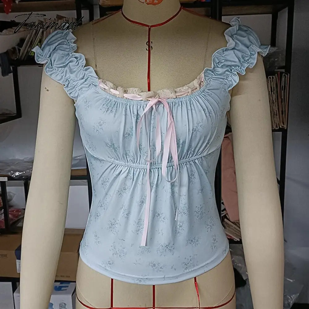 Lace Neckline Blouse Tank Tops Cute Lace Trim Tie Up Milkmaid Tees Ruched Sleeveless Y2K Fairy Vintage Crop Vest