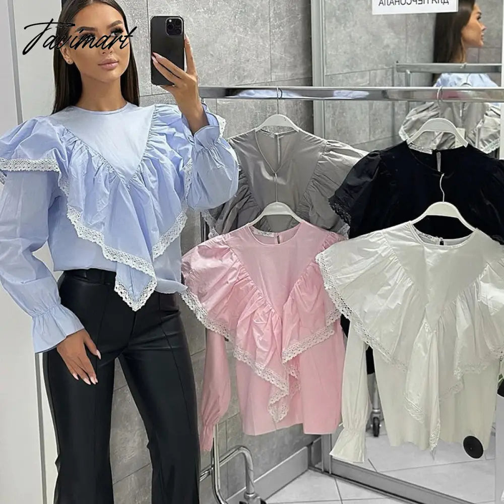 Lace Patchwork Chiffon Shirts For Women High Street Sexy Long Sleeve Hollow Out Blouse Casual Female Cute Y2k Top Shirts