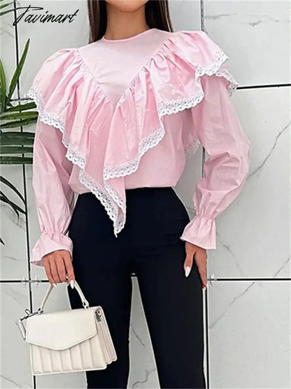 Lace Patchwork Chiffon Shirts For Women High Street Sexy Long Sleeve Hollow Out Blouse Casual Female Cute Y2k Top Shirts