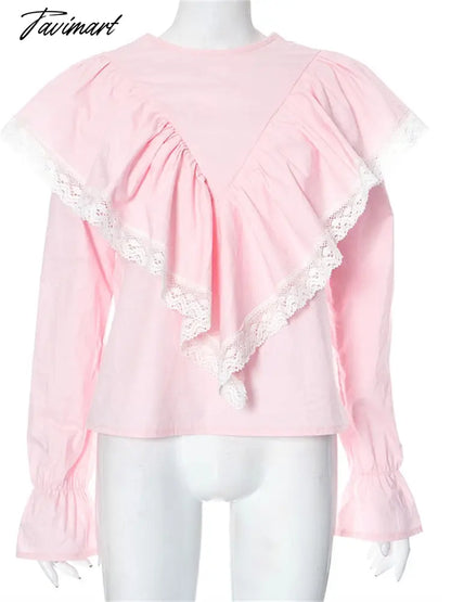 Lace Patchwork Chiffon Shirts For Women High Street Sexy Long Sleeve Hollow Out Blouse Casual Female Cute Y2k Top Shirts