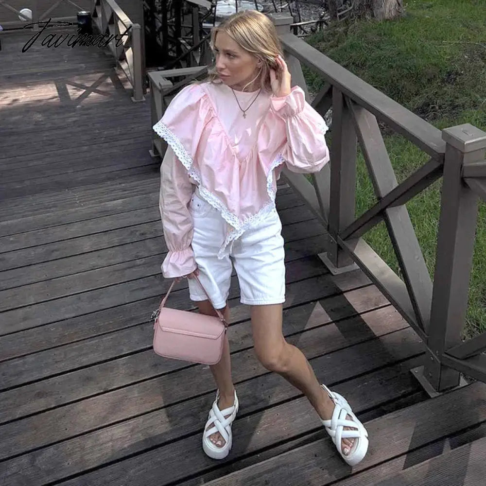 Lace Patchwork Chiffon Shirts For Women High Street Sexy Long Sleeve Hollow Out Blouse Casual Female Cute Y2k Top Shirts