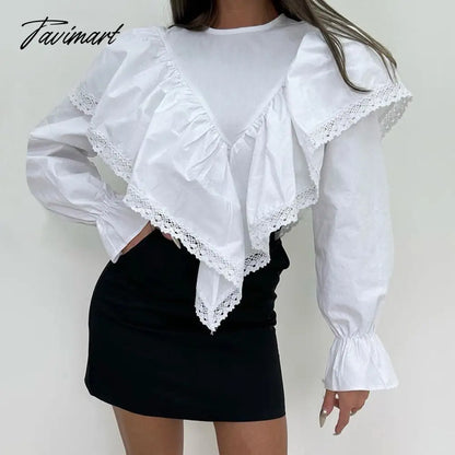 Lace Patchwork Chiffon Shirts For Women High Street Sexy Long Sleeve Hollow Out Blouse Casual Female Cute Y2k Top Shirts