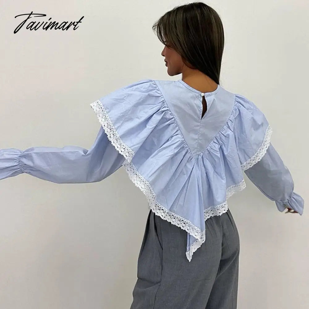 Lace Patchwork Chiffon Shirts For Women High Street Sexy Long Sleeve Hollow Out Blouse Casual Female Cute Y2k Top Shirts
