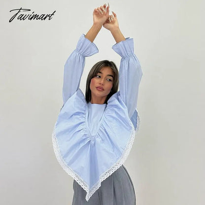 Lace Patchwork Chiffon Shirts For Women High Street Sexy Long Sleeve Hollow Out Blouse Casual Female Cute Y2k Top Shirts