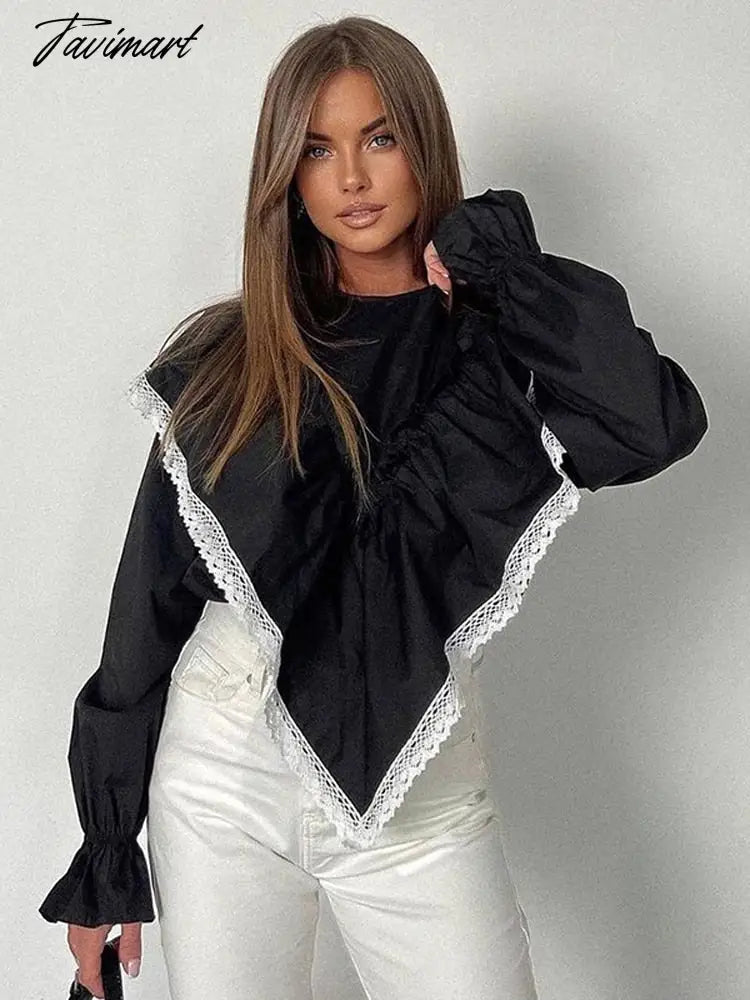 Lace Patchwork Chiffon Shirts For Women High Street Sexy Long Sleeve Hollow Out Blouse Casual Female Cute Y2k Top Shirts