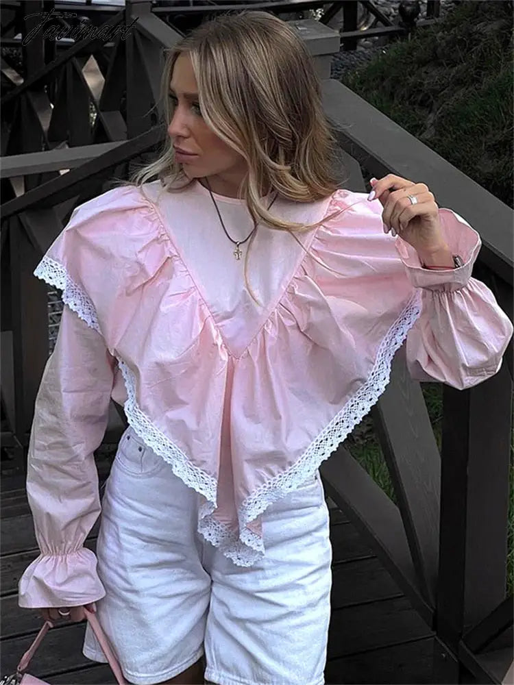 Lace Patchwork Chiffon Shirts For Women High Street Sexy Long Sleeve Hollow Out Blouse Casual Female Cute Y2k Top Shirts